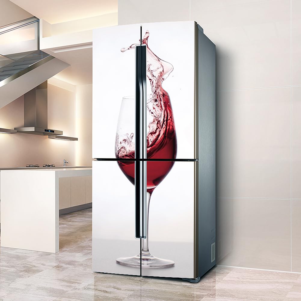 Fridge Sticker, Fridge Sticker Full Covering Door Covers Skins Wall Stickers for Kitchen Decal, Shaking Wine Glass red and White(L: 100x180 cm)