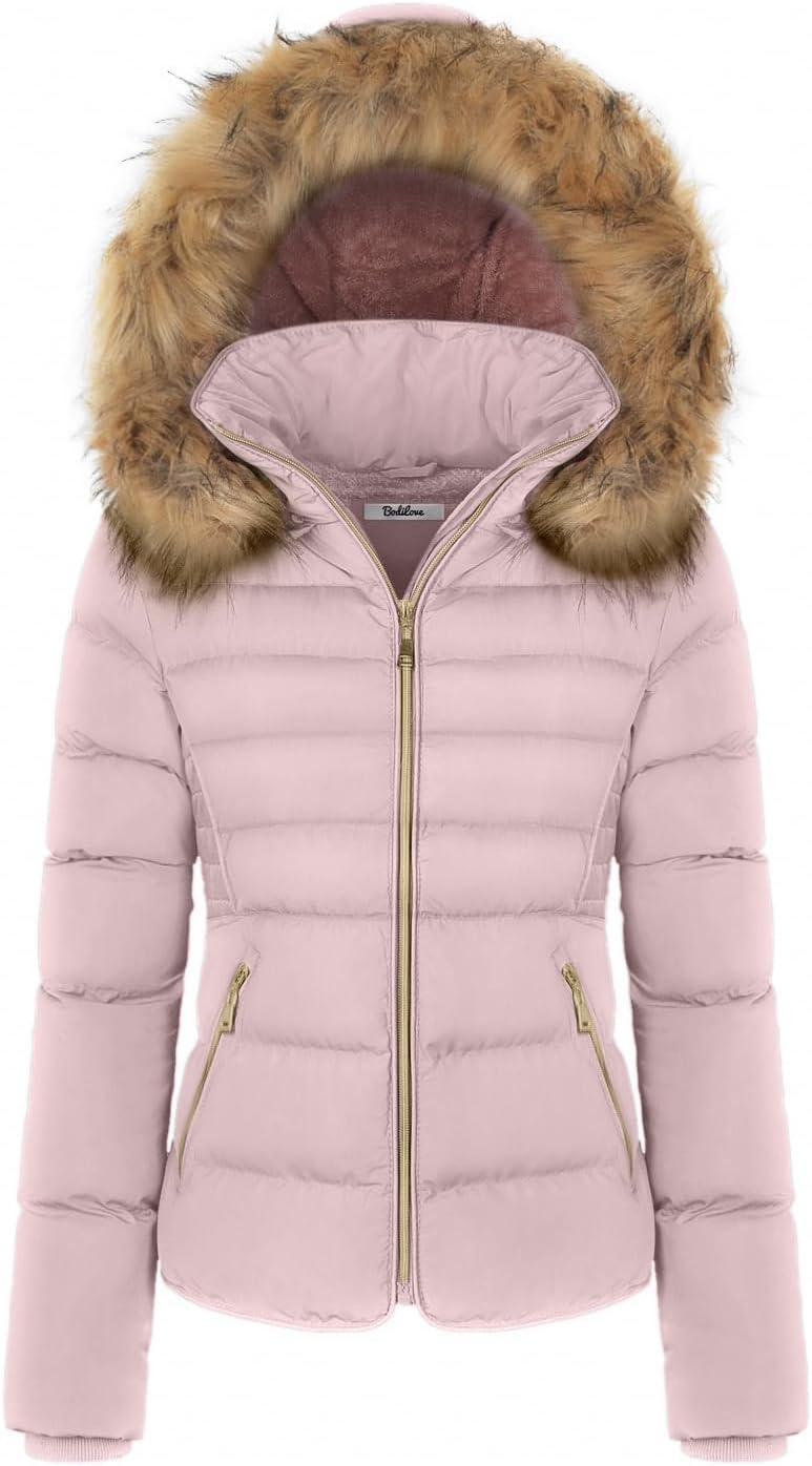 BodiLove Thickened Winter Puffer Jacket with Removable Faux Fur Hood Fleece Lining