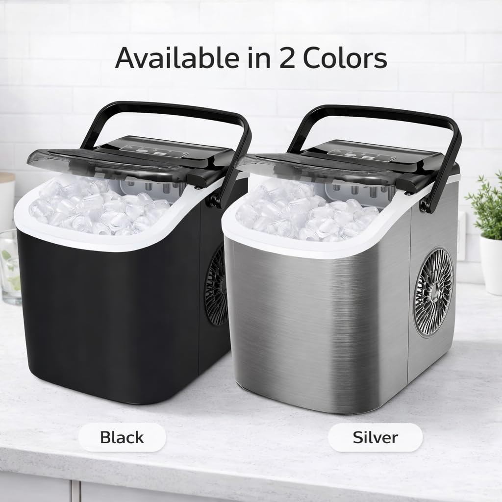 Macchina per il ghiaccio | Macchina per il ghiaccio da banco con manico portatile | 9 cubetti pronti in 6 minuti | 12 kg in 24 ore | autopulente | paletta e cestino | per casa/cucina/ufficio/bar (nero