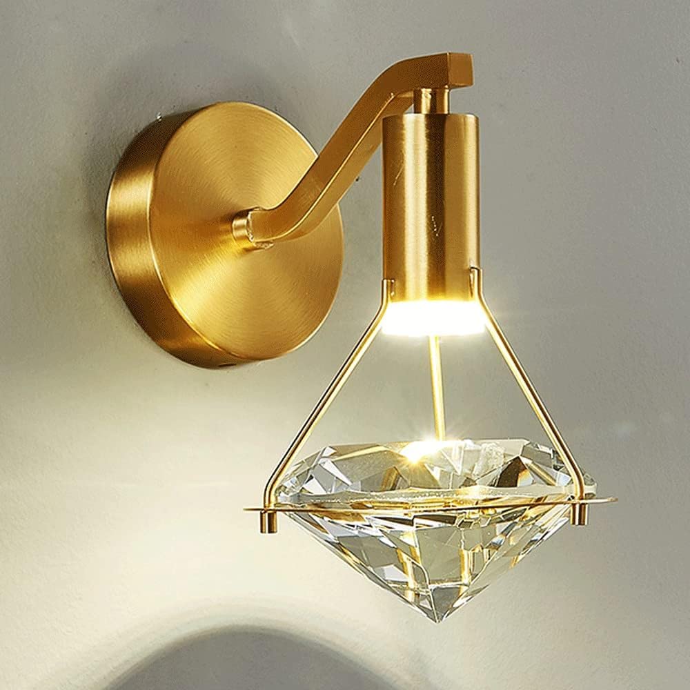 JYBNBBE Crystal Diamond Wall Sconce Brass Metal Wall Light Modern LED Wall Lamps Decorative Lighting Fixtures, Simple Bedside Lamp, Copper Sconces