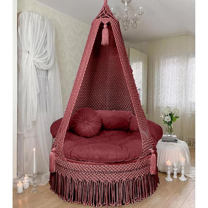 Image of Macrame Hanging Chair Swing with Cushions, Boho Indoor Round Hammock Seat Indoor & Outdoor - Patio, Balcony, Bedroom, Living Room, Garden-Kids, Adults (Maroon)