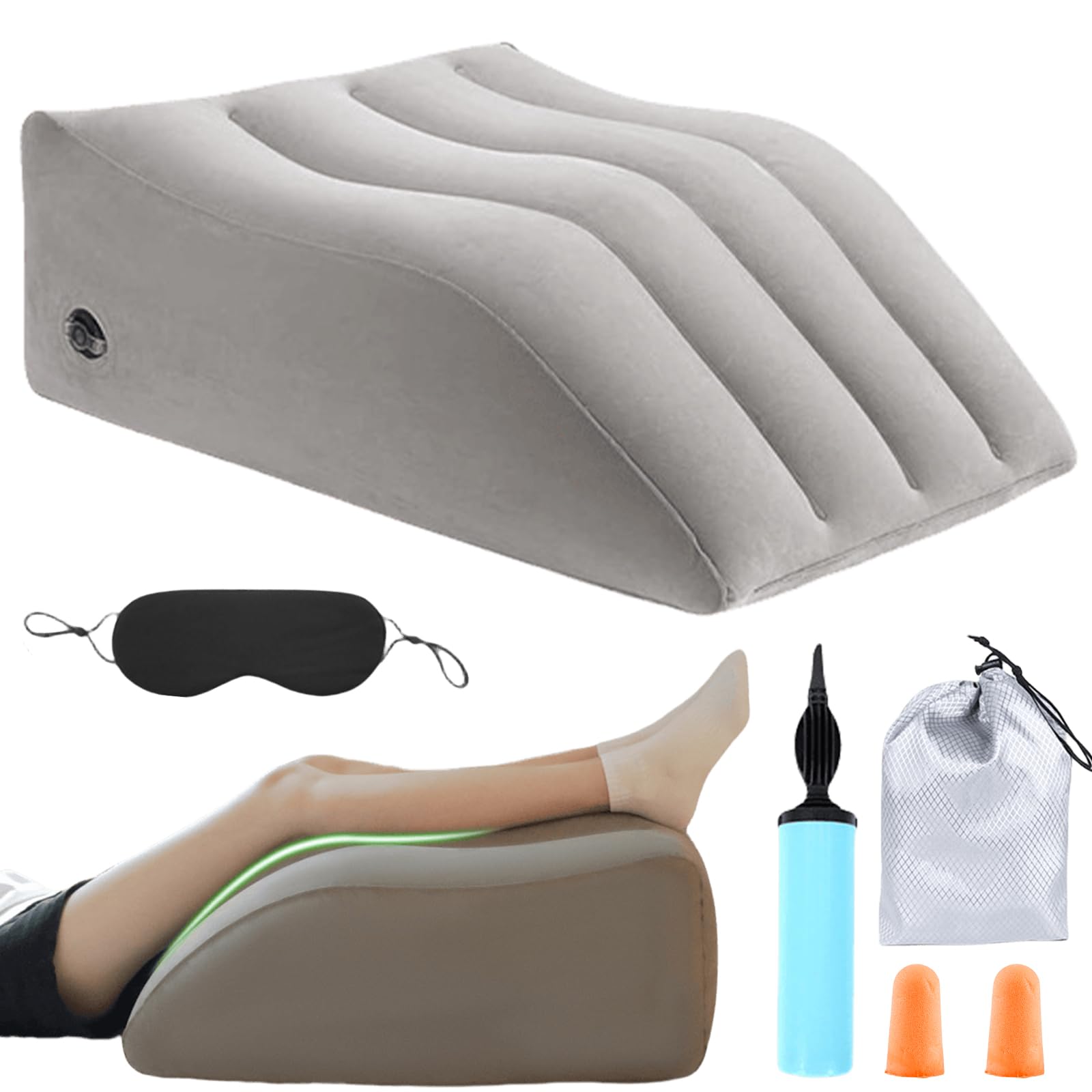 Leikurvo Cojín para piernas para elevar las piernas, cojín inflable para dormir, reposapiés, cojín elevador de piernas, cojín para piernas con bolsa y bomba, lavable, cojín para las rodillas (gris)
