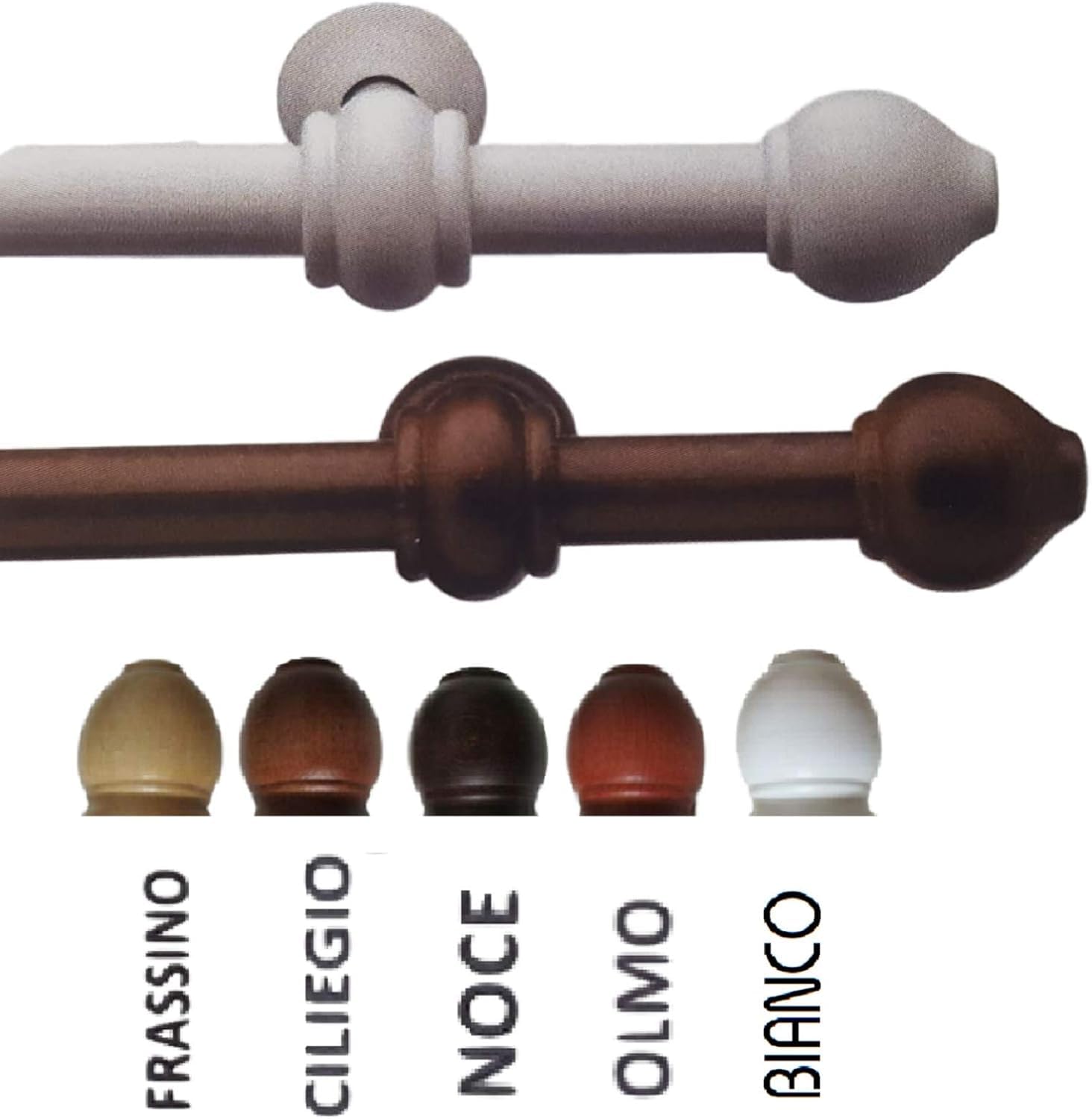 Bastone per Tenda, Asta in legno da Ø 22 mm. anelli + accessori da 160 a 200 cm. Movimento a strappo (frusta non inclusa), Attacco a parete (Frassino, 180 cm.)