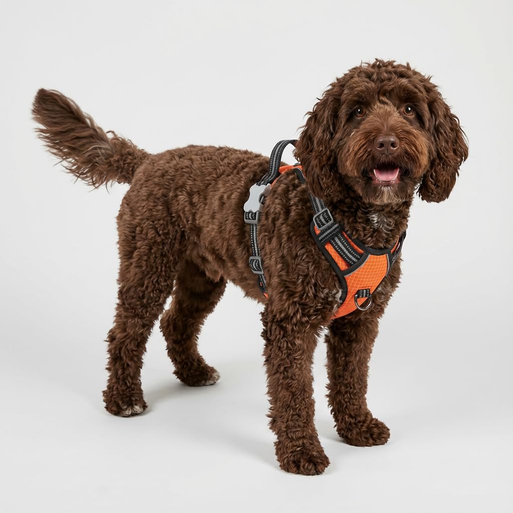 The Happy Doodle Company No Pull Dog Harness with 2 Leash Clips, Adjustable Soft Padded Pet Vest Harness, Reflective No-Choke with Easy Control Handle for Training or Walking (Orange, XL)