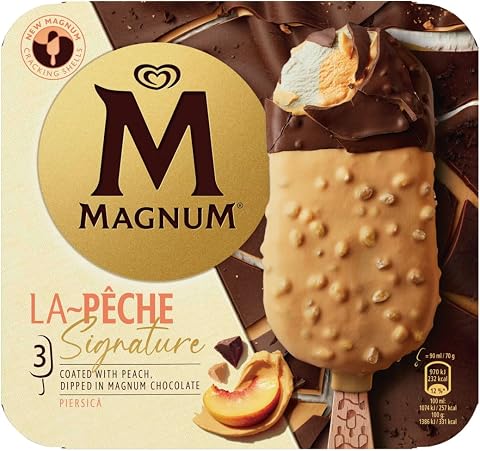 Magnum La Peche, Gelato Stecco con Copertura Croccante alla Pesca e Punta di Cioccolato al Latte, Cuore Cremoso di Gelato alla Pesca, Confezione da 3 x 90 ml, 270 ml