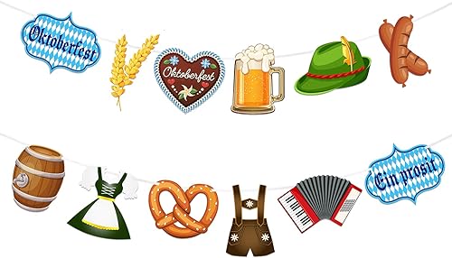 2 pancartas de Oktoberfest, guirnalda de Oktoberfest, bandera bávara, cartel de banderines de Oktoberfest, telón de fondo, accesorios de cabina de