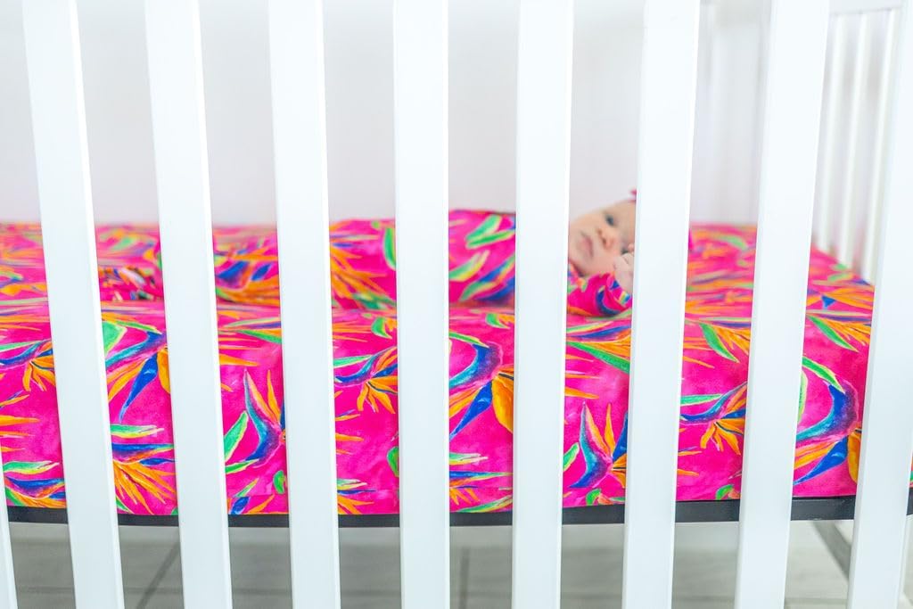 Bird of Paradise Fitted Crib Sheet, Made from Viscose from Bamboo and Spandex Material, Fits Standard Crib and Toddler Mattresses, by Florida Kid Co.