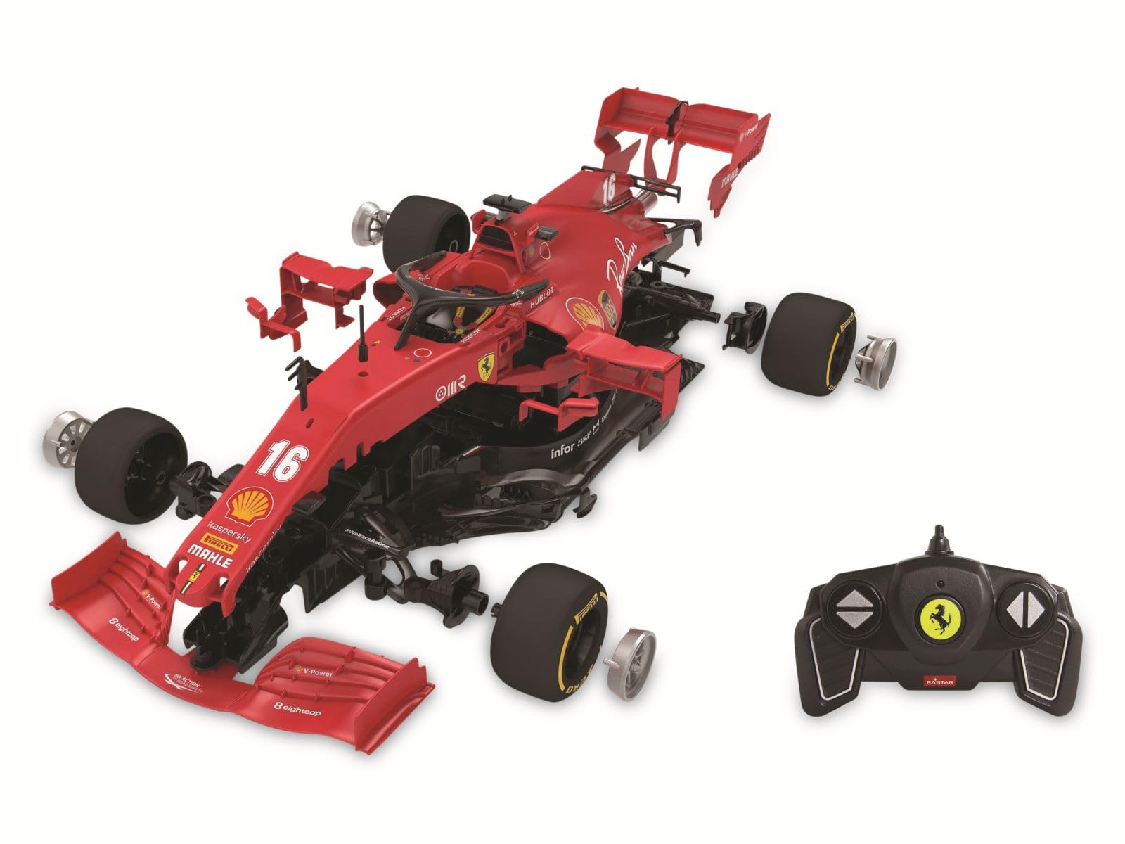 Ferrari SF 1000 1:16, 2,4 GHz zestaw do montażu – części są nakładane, nie są wymagane żadne narzędzia ani klejenie, wierne odwzorowanie szczegółów, otwieranie drzwi ręcznie