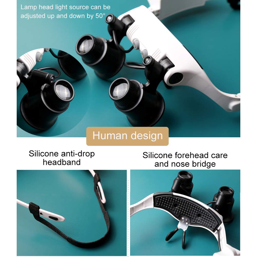 Gafas De Aumento Manos Libres Montadas En La Cabeza Con Iluminación Led - Zoom De 10X A 25X, Con 4 Lentes Desmontables - Utiliza Pilas Aaa, Adecuadas Para Lectura, Lupas Para Joyería, Electrónica R
