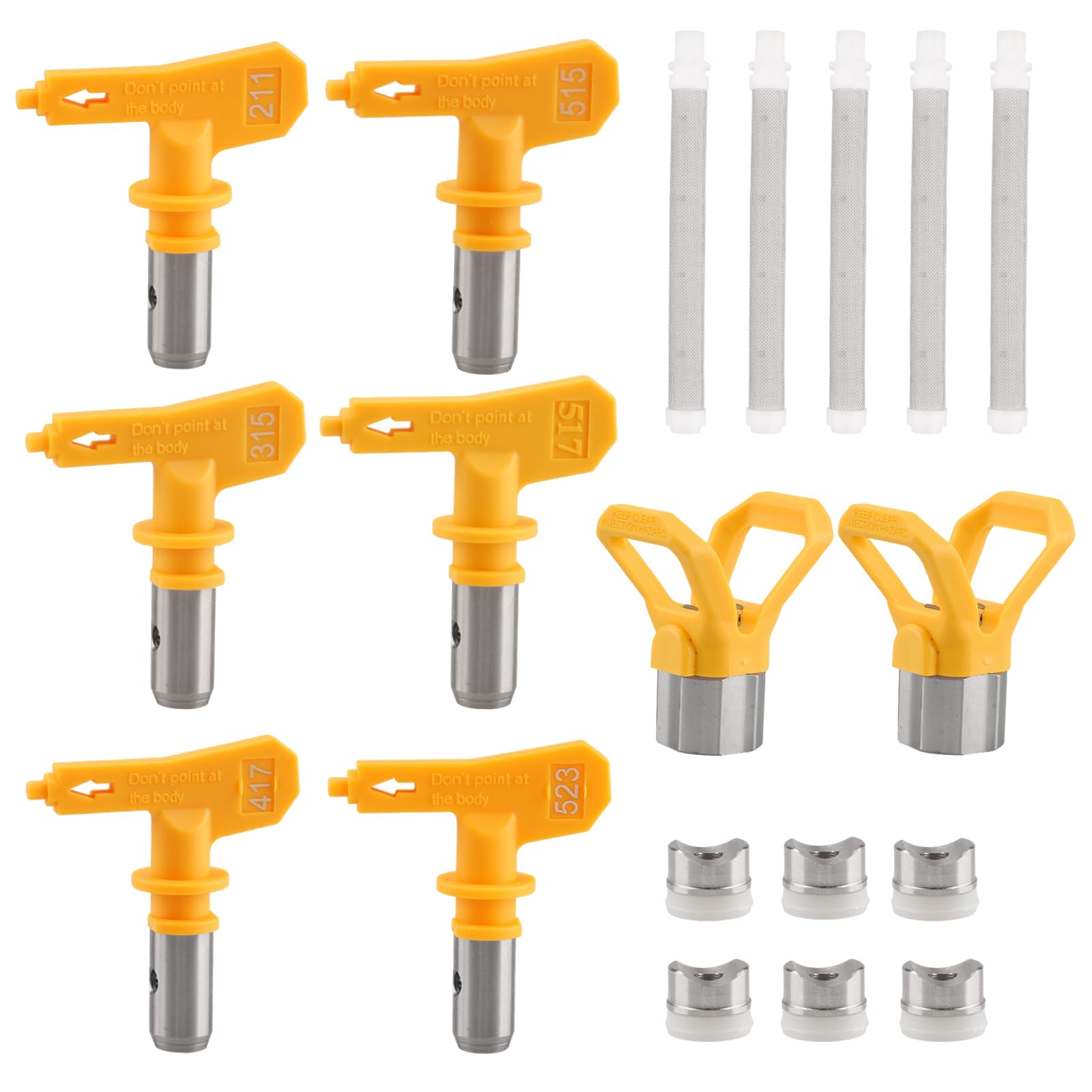 13-teiliges Zubehörset für Airless-Spritzgeräte – 6 Düsen (211,315,417,515,517,523) + 5 Filter + 2 Düsenhalter, kompatibel mit Airless-Farbspritzpistolen