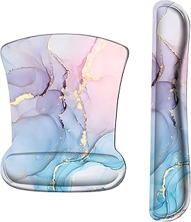 iCasso Mouse mat Wrist Support Set, 3in1 Keyboard Wrist Rest+Ergonomic Mouse Pad + Coaster, Non-Slip Rubber Base Cute Mouse Mat Made Easy Typing and Relieve Wrist Pain (Blue Watercolor Marble)