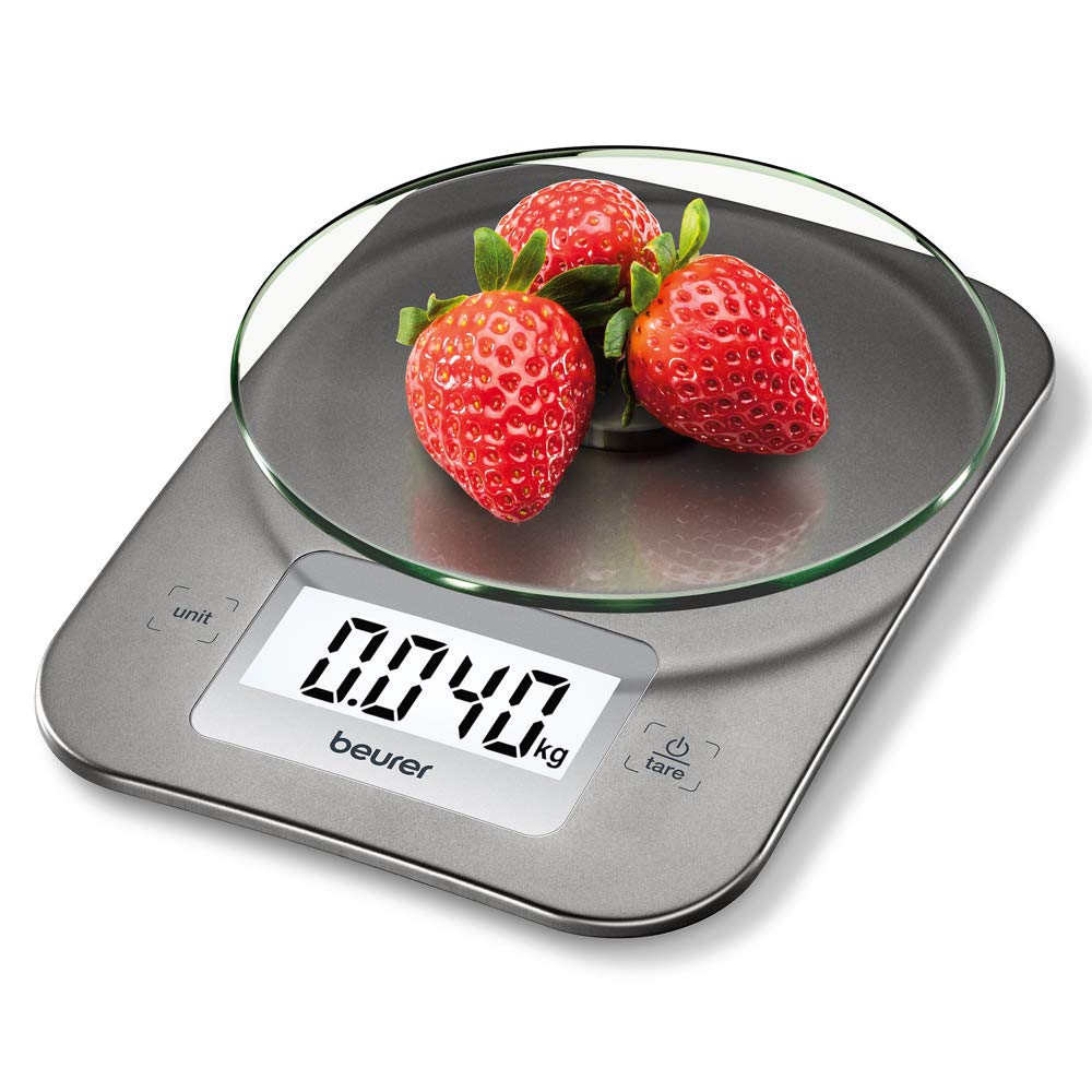 Beurer KS 26 Balance de cuisine | Grande surface de pesée en verre | Écran rétroéclairé | Capacité de charge de 5 kg | Fonction pratique de contrôle de tare| Balance électronique alimentaire moderne