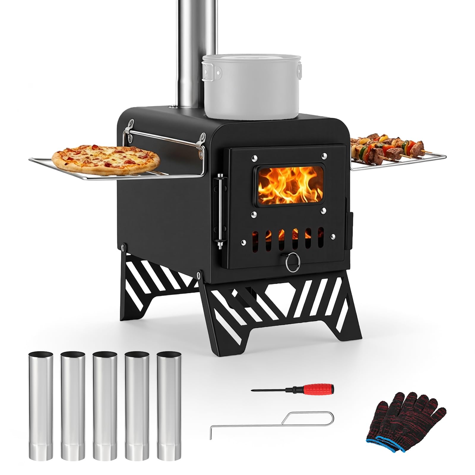 Foldable Hot Tent Stove with 5 Chimney Pipes, Viewing Window, Gloves & Poker - Portable Carbon Steel Wood Burning Camping Stove for Outdoor Cooking and Heating (20x30cm Folded)