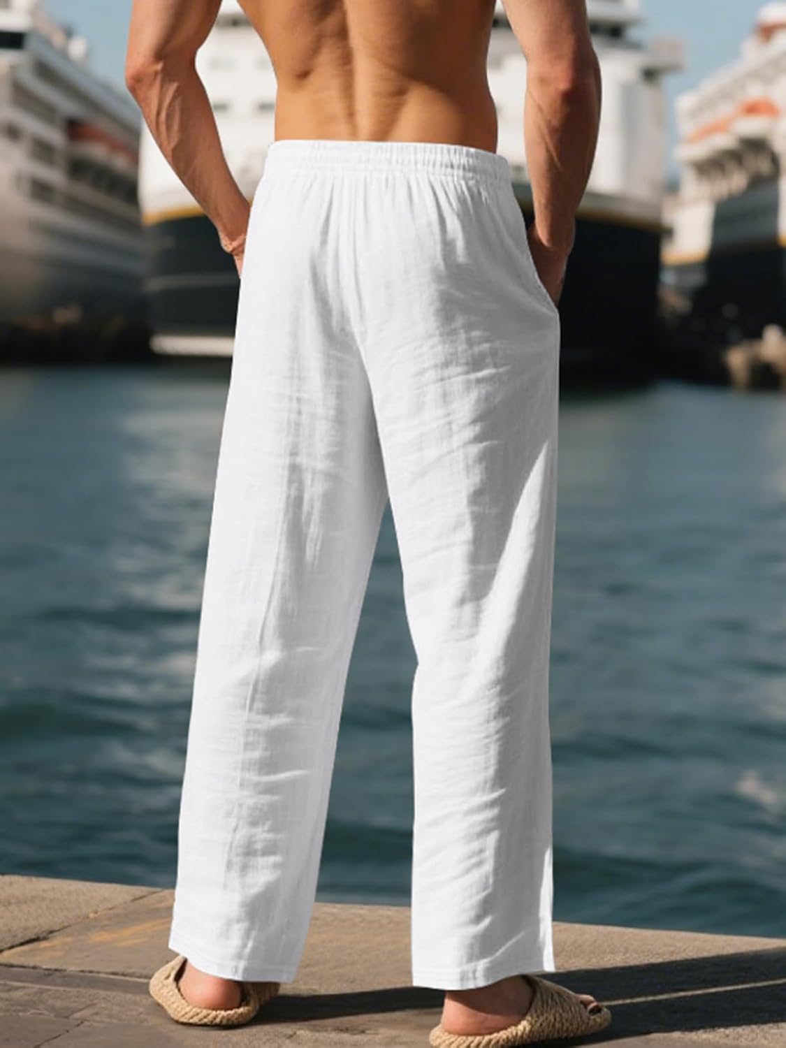 Mens Linen Pants Yoga Beach Loose Fit Casual Summer Elastic Waist Drawstring Baggy Trousers with Pockets - Image 5