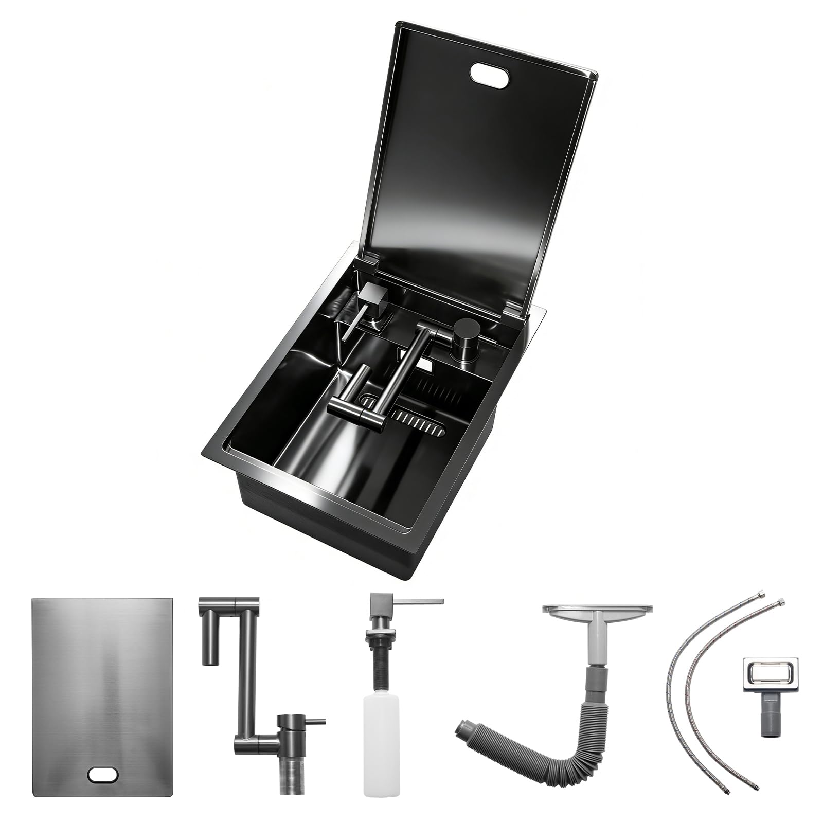 Bar sink,17.32 x 12.6 x 7.87 Inch Black Single Bowl Stainless Steel Topmount Outdoor RV Kitchen Sink with Speed Reducer Cover and Folding Faucet