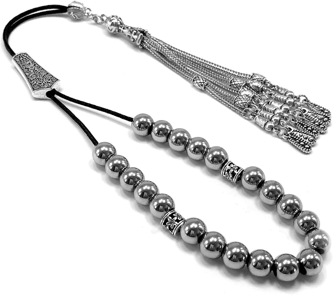KOMBOLOI, Begleri, Greek Worry Anxiety Beads, Relaxing, Stress Relief Relaxation, Greek Rosary (Platinum Plated Hematite Beads & Bracelet - 8 mm, 21Beads)