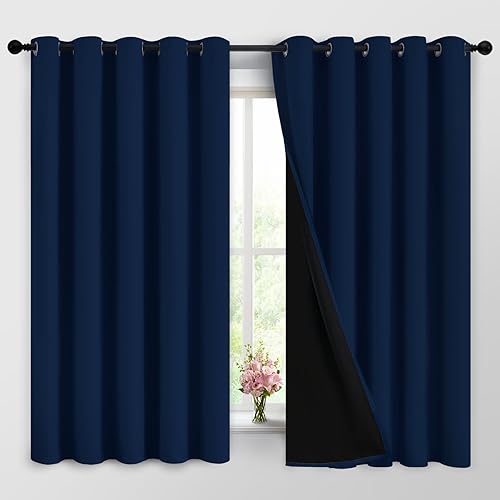 Yakamok Cortinas opacas 100% de color azul marino, ahorro de energía, aislamiento térmico, 2 capas gruesas, completamente opacas con forro negro