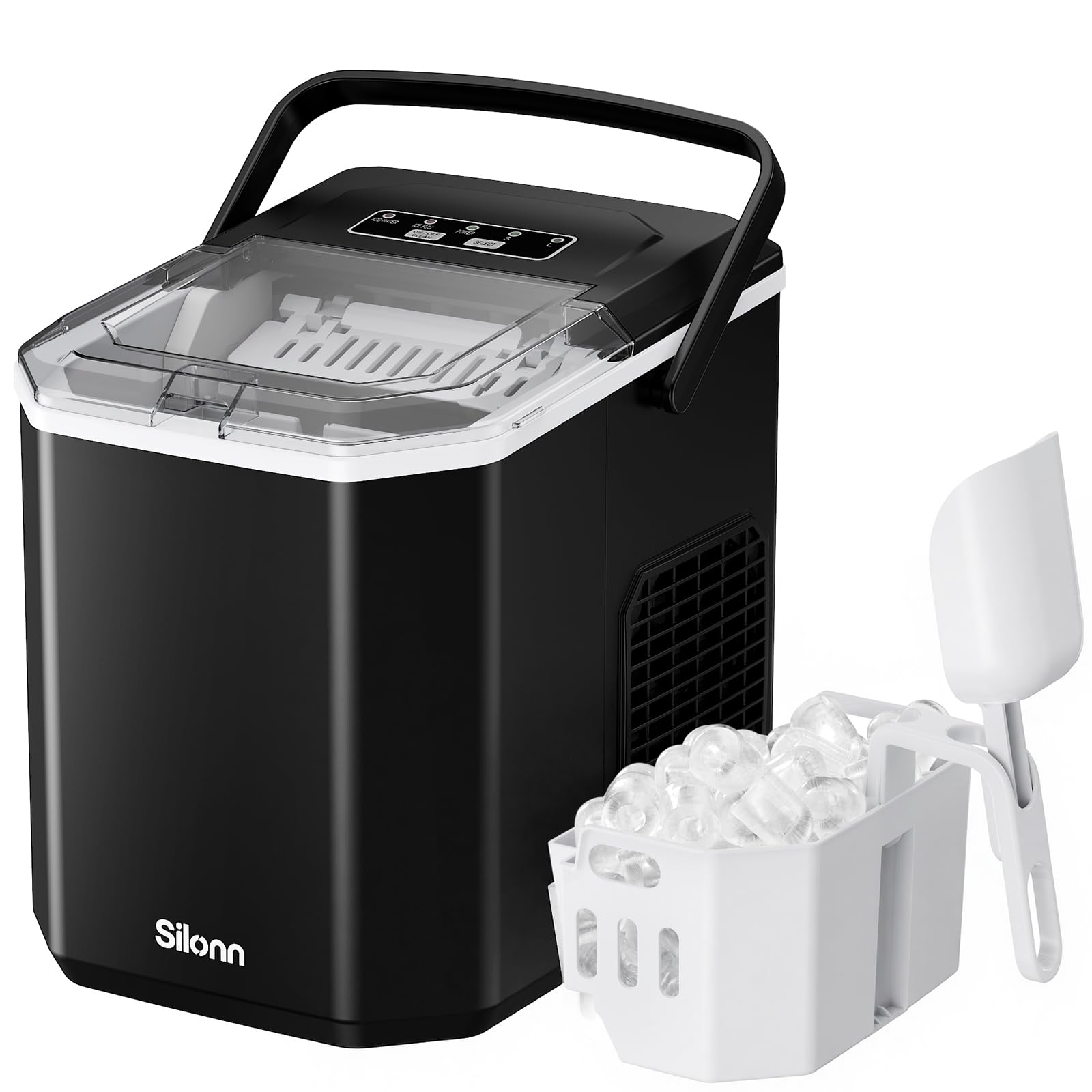 Silonn Countertop Ice Maker, Portable Bullet Ice Machine with Handle, 26 lbs/Day, 9 Ice Cubes in 6 Minutes, Self-Cleaning, Includes Basket & Scoop, for Home Kitchen Camping RV | Fridge.com