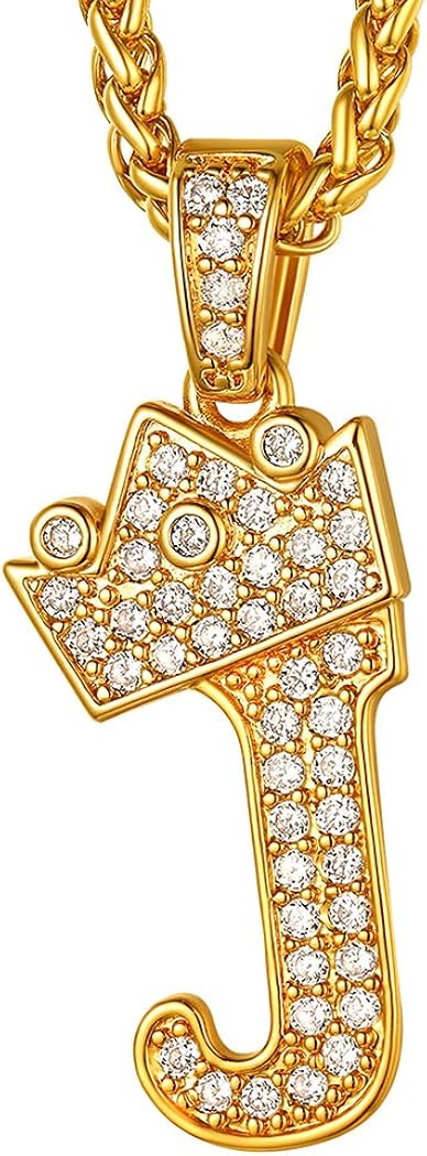 Suplight Crown Initial Necklace Real Gold, Womens Mens Bling Bling Hip Hop Chain Jewelry Pendant