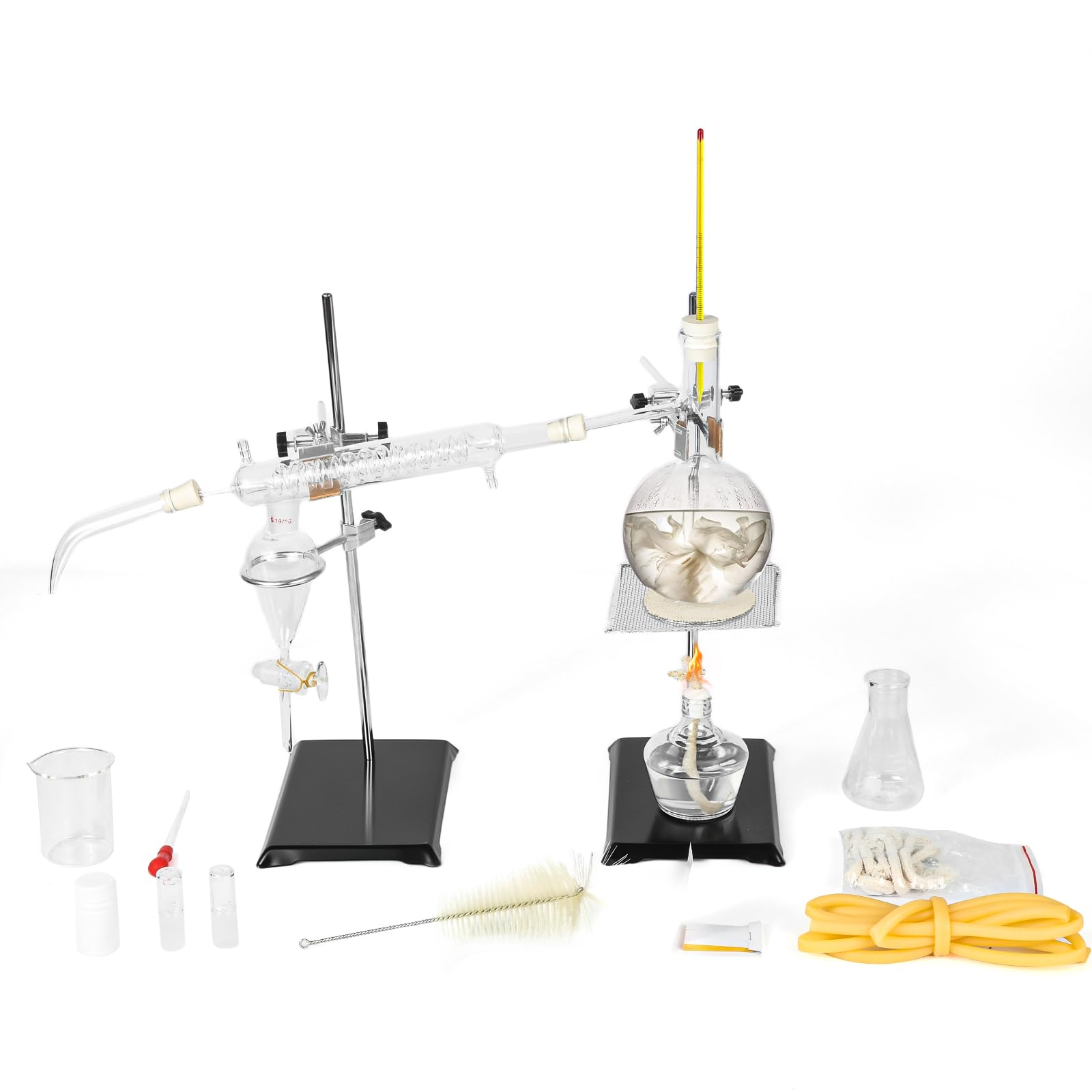 Photo 1 of Essential Oil Distillation Kit, 500ml Distillation Apparatus, 3.3 Boro Lab Glassware Distillation Kit with Alcohol Lamp,Thermometer, Ceramic Mesh and 24, 40 Joint, 28 pcs Set