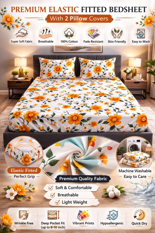 Image of Elasticated King Size Bedsheet - Cotton Feel Glace Fabric, Ultra Soft Fitted Sheet for 6 to 8 Inch Mattress, Durable & Breathable (Floral Otange)