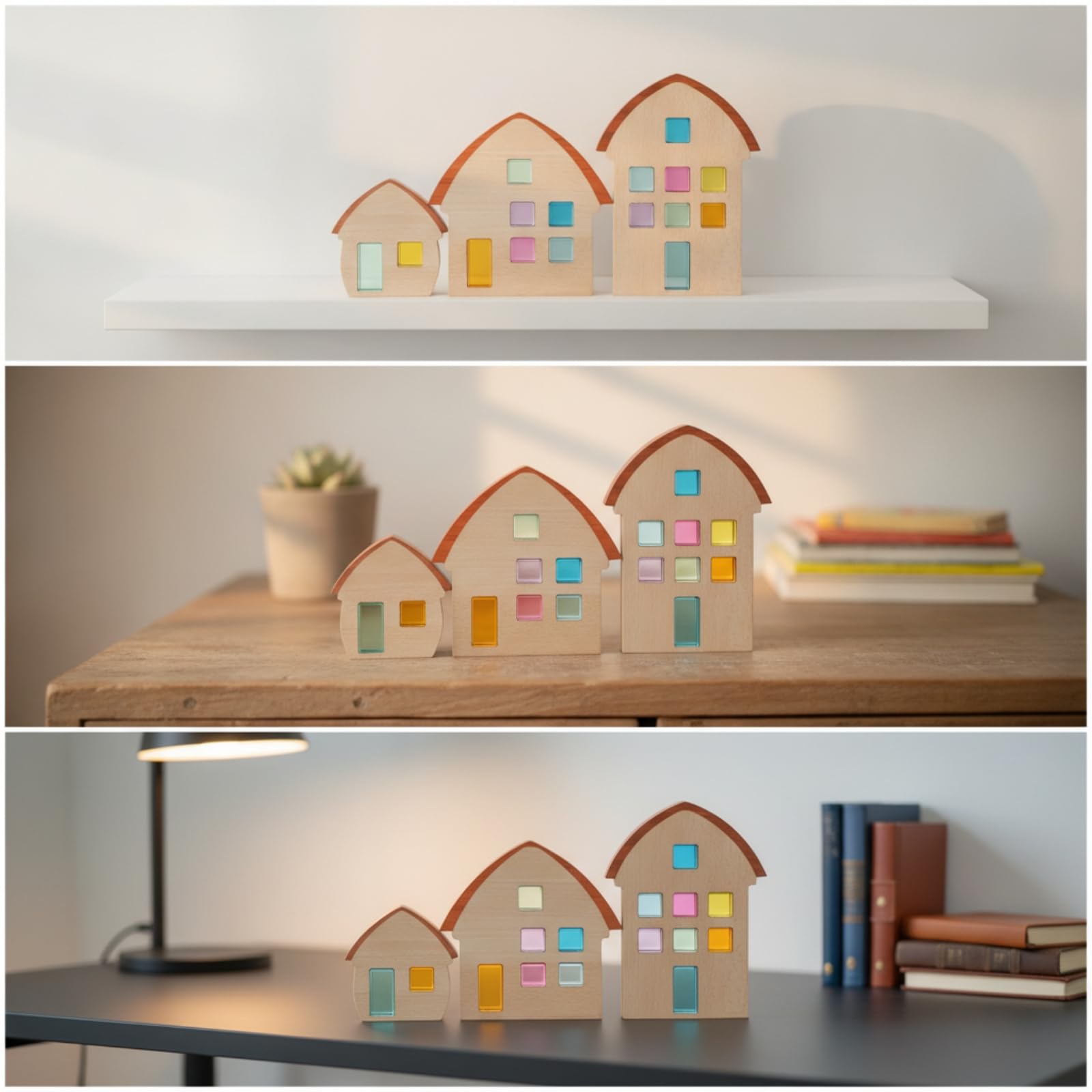 Kinder Bausteine Holz Häuser Set Bausteine Holzbausteine Holzspielzeug Deko Häuser mit Bogenförmigem Dach Und Abgerundeten Kanten aus Buche Und für Kinderzimmer Wohnzimmer Regal