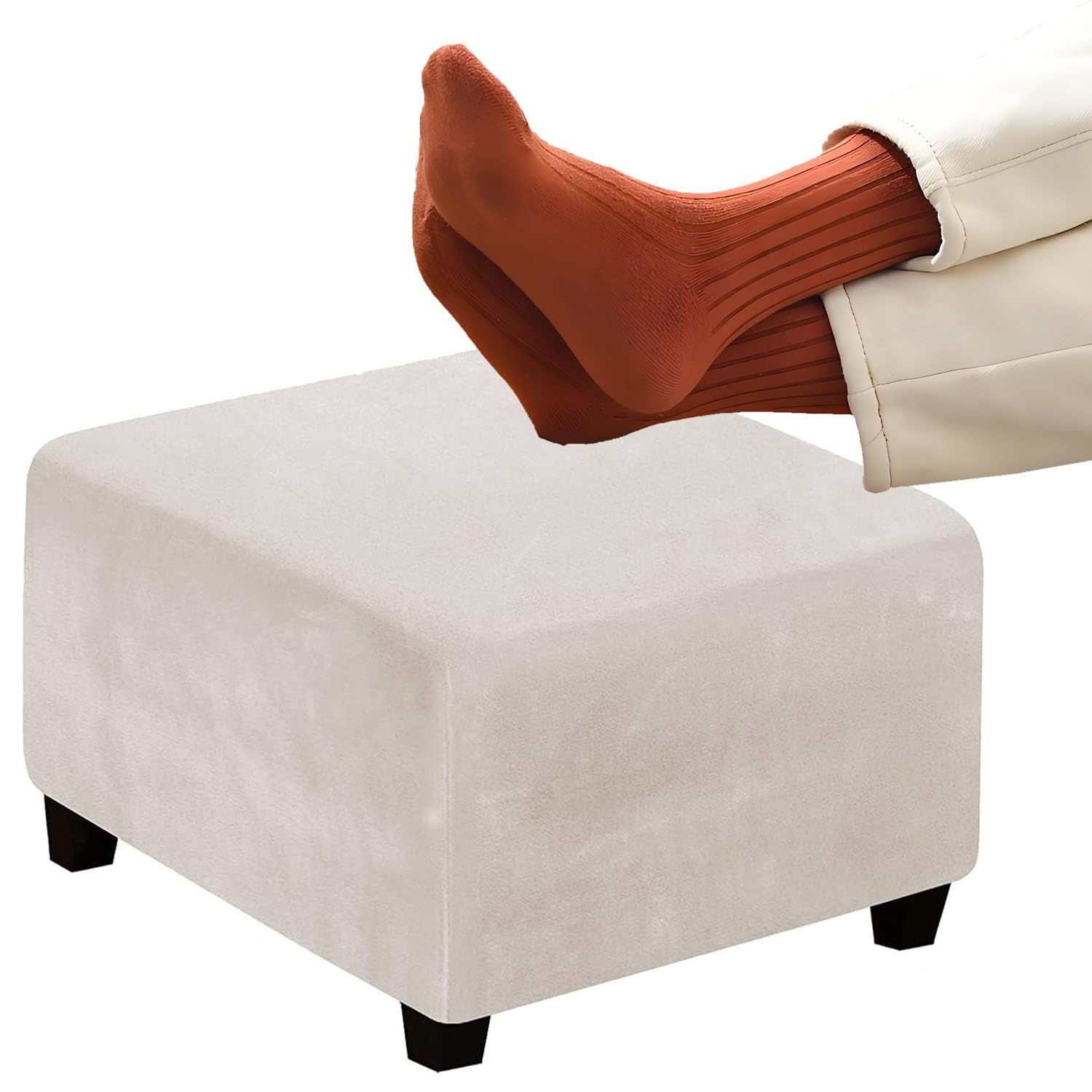 RTSFKFS Stool Covers 14/16/18/20/22/24/26/28/30/32/34/36/38/40/42/44in, Square Velvet Ottoman Covers with Stretch Thick Checked with Elastic Bottom, Removable Washable(Beige,22in/55x55cm)