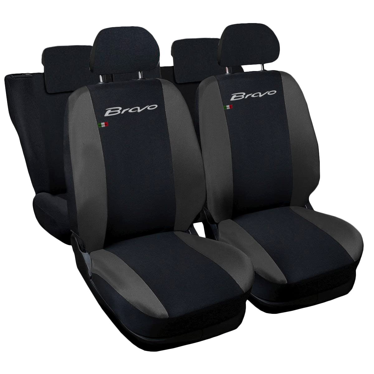 Auto Accessori Lupex Coprisedili Compatibili per Bravo dal 2007 al 2014, Set Anteriori o Completo 12 Pezzi, in Policotone Traspirante MADE IN ITALY (Set Completo Nero - Grigio Scuro)
