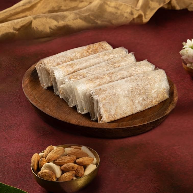 Image of Almond House Bellam Dryfruit Pootharekulu | Premium Putharekulu | No Maida, No Sugar | Healthy Snacks | South Indian Sweets | Indian Traditional Sweets | 5 pcs