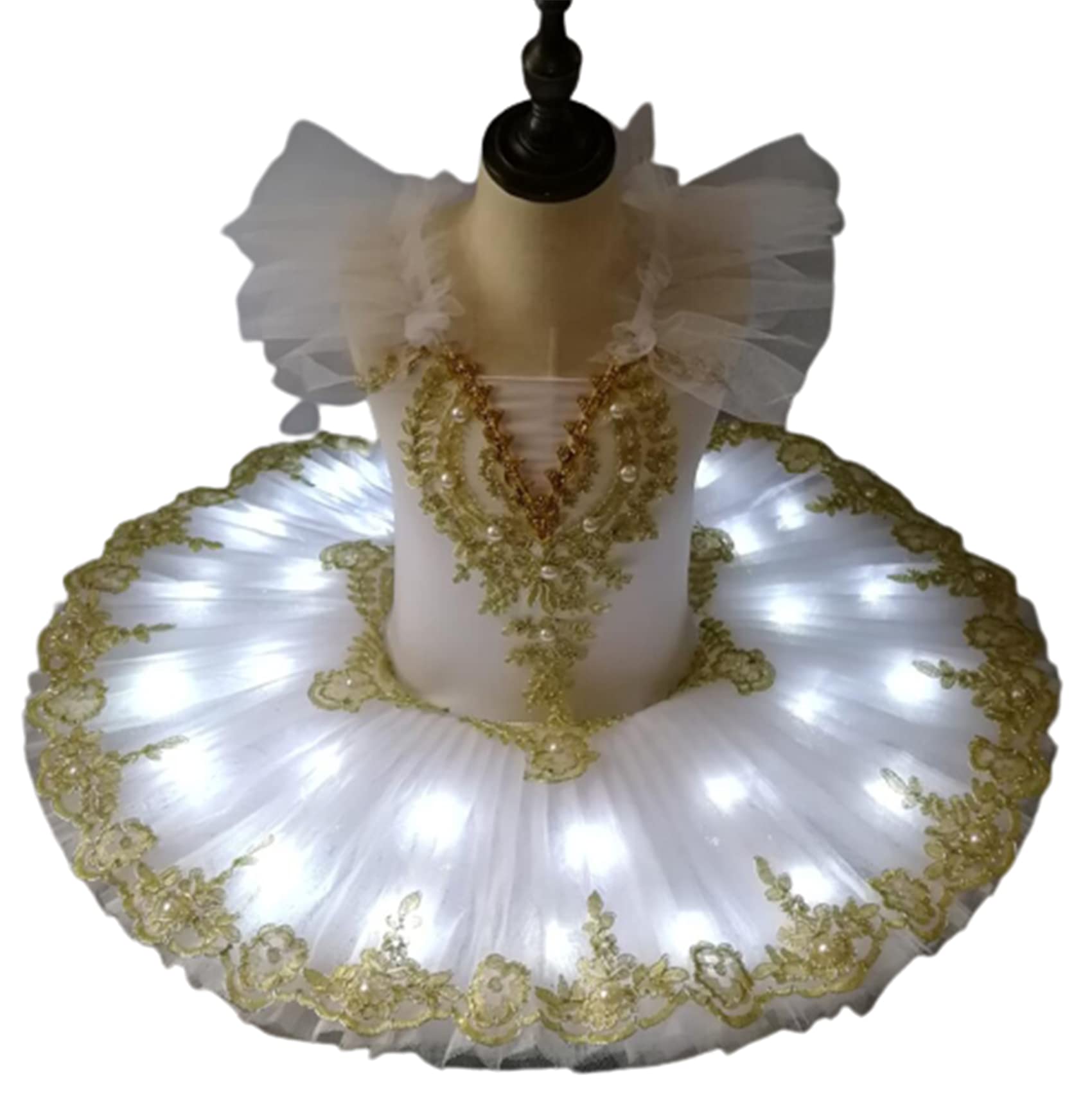 OTMYIGO Tutus de Ballet Profesional LED Lago de los Cisnes Ropa de Danza Tutu Falda Bailarina Vestido para Niñas Vestido de Fiesta,Blanco,130CM