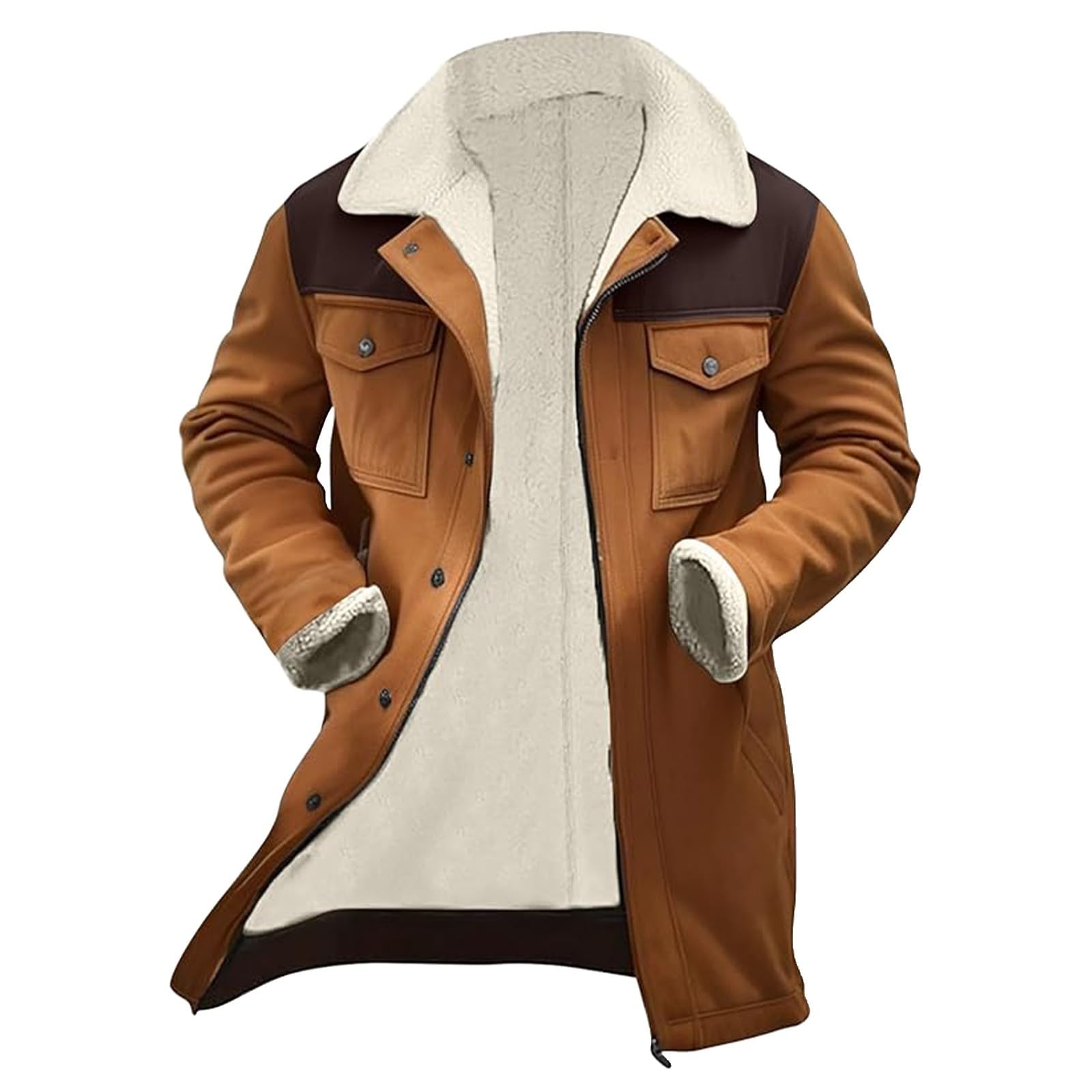 Giacca da uomo per le mezze stagioni, senza cappuccio, cappotto lungo | Giacca in pelle scamosciata patchwork, foderata, lunghezza media, con tasche multipli, chiusura lampo, abbottonatura