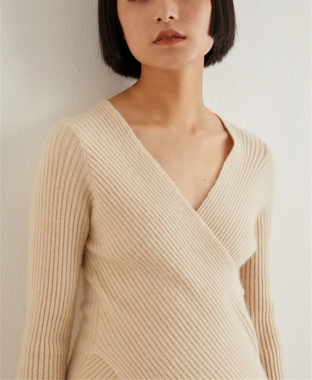 Hamthuit Jersey De Cachemira con Cuello En V De Punto Acanalado para Mujer Jersey para Mujer Suéteres De Lana Fina