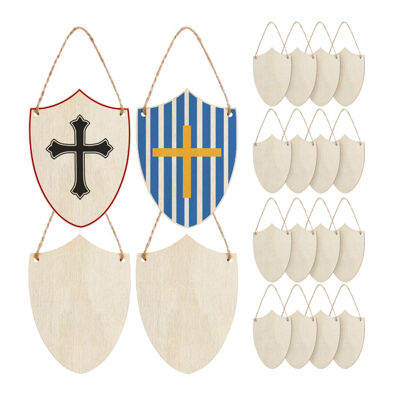 Besportble 20Pcs Wooden Shield Cutouts with Rope Unfinished Blank Craft Shields for DIY Projects Home Decor Party Favors Medieval Knight Decorations