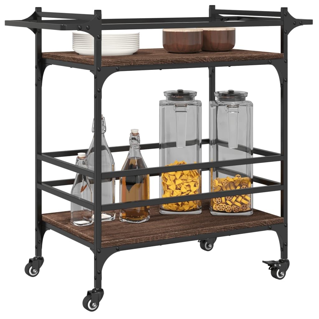 Hothingwell Carrello Cucina Rovere Marrone 82x40x78,5 cm, Carrello Portaverdure in Legno Multistrato con 4 Ruote e 2 Freni, Portaoggetti con Porta Strofinacci, per Cucina Soggiorno Bagno