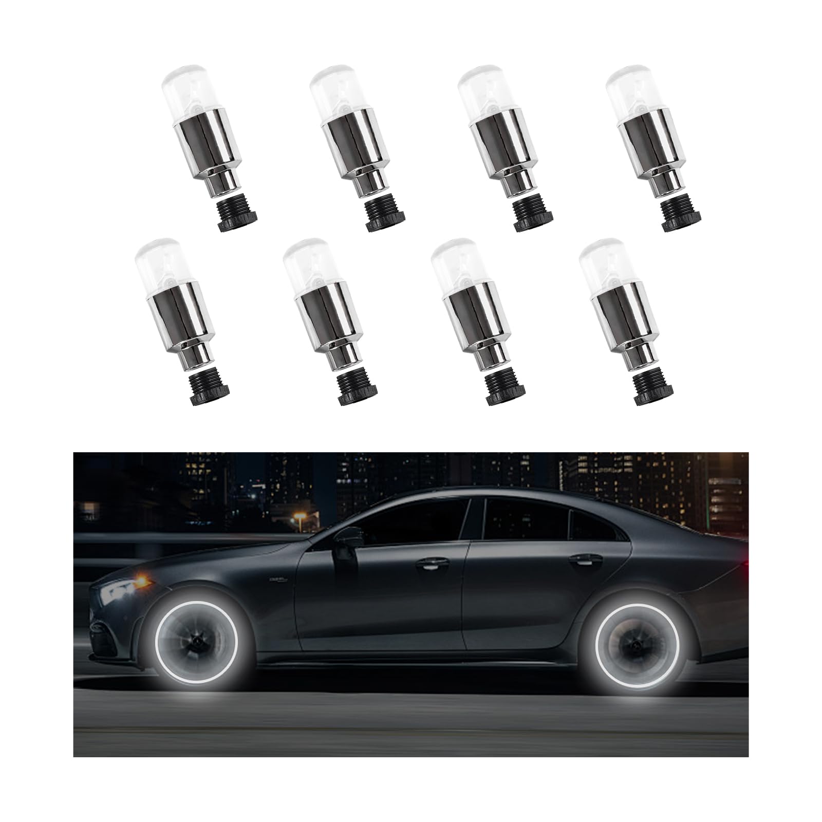 Dickno 8PCS LED Tire Valve Stem Cap Lights, Neon Spoke Flash Light Bulb Tire Valve Lights, Waterproof Car Tire Valve Lights, Cool Neon Spoke Flashing LED Light, Car Motorcycle Accessories (White)