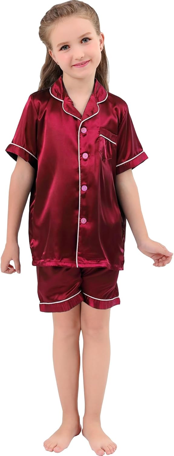 Pajama Set for Kid Boy Girl Button-up Silk Pajama Sleepwear Nightwear Loungewear Set Gifts Short Sleeve Loungewear - Image 5
