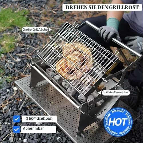 Holzkohlegrill, 360° Drehbarer Grill mit Abnehmbarer Auffangschale & Einstellbarem Stahlrahmen, Edelstahl-Wendezeile für Picknick & Gartenparty
