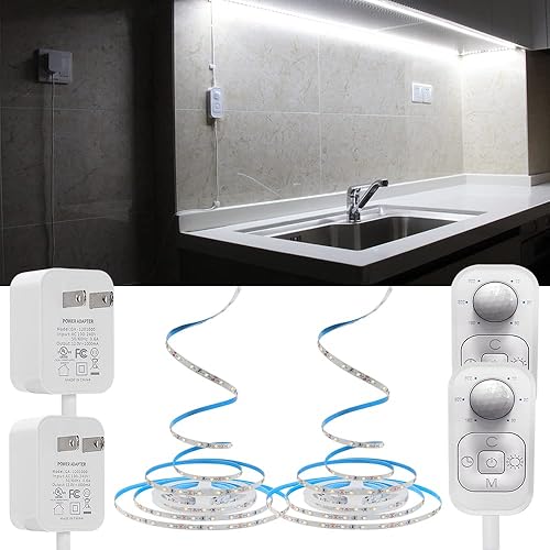 Luces para debajo del gabinete, tira de luces LED con sensor de movimiento enchufable para interiores con adaptador aprobado por UL FCC, atenuador y
