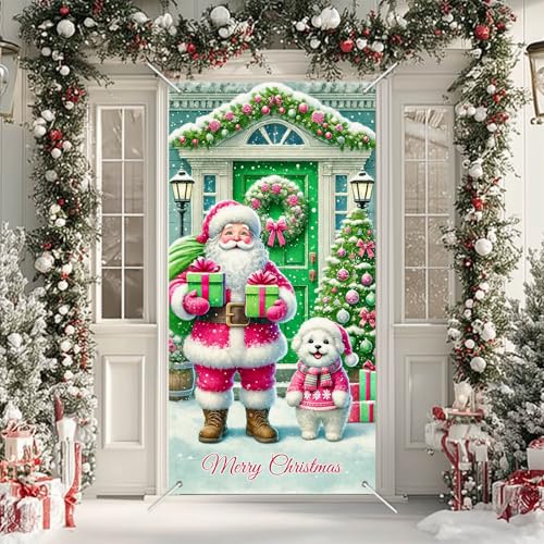 BlissYard Santa Dog Christmas Door Cover 35x71 Inch Polyester