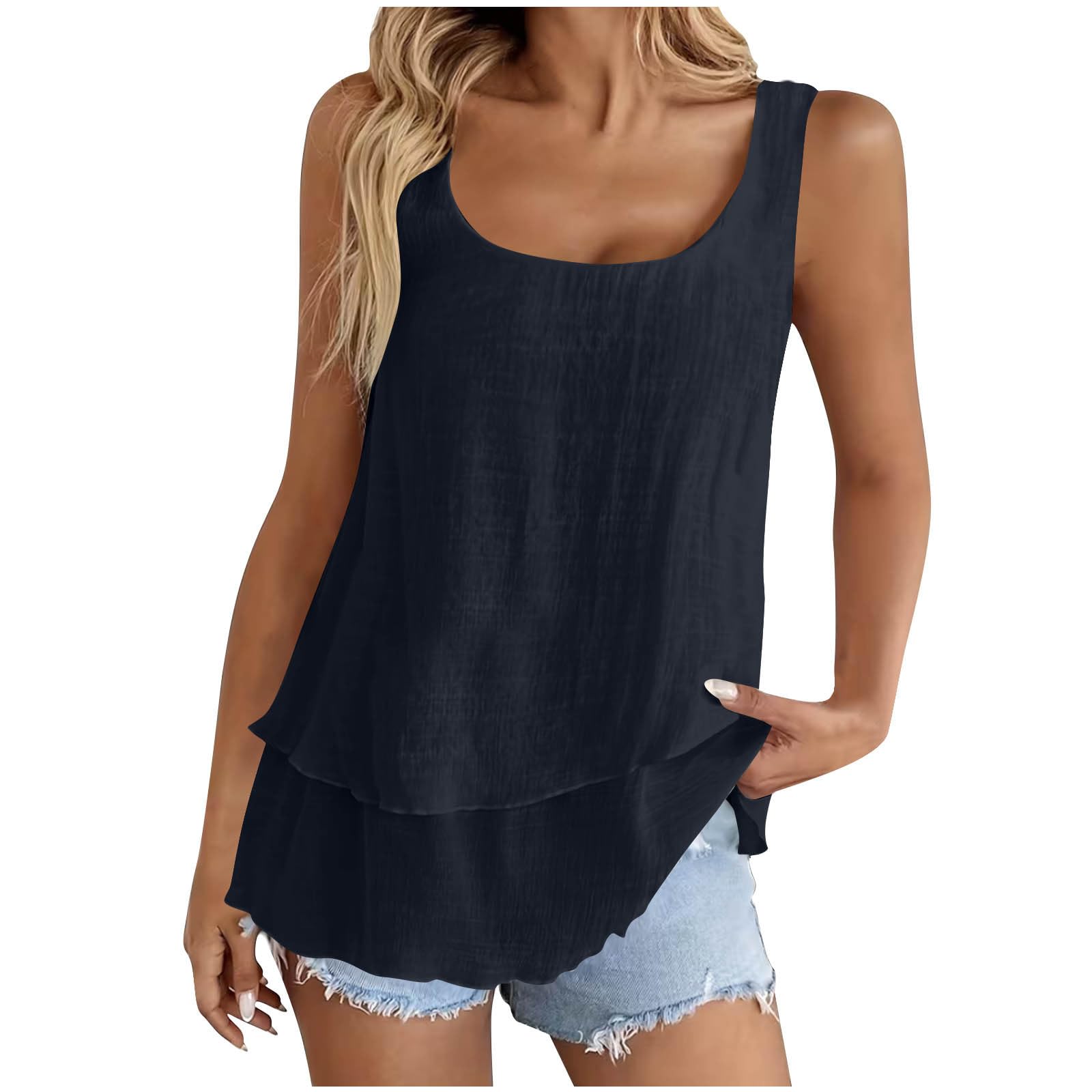 Tank Top Damen Sommer,V-Ausschnitt Doppelter Saum Leinenbluse Elegante Ärmellose Shirts Leinenshirt Baumwolle Einfarbige T-Shirts Basic Blusentop Musselin Tanktops für Urlaub Strand