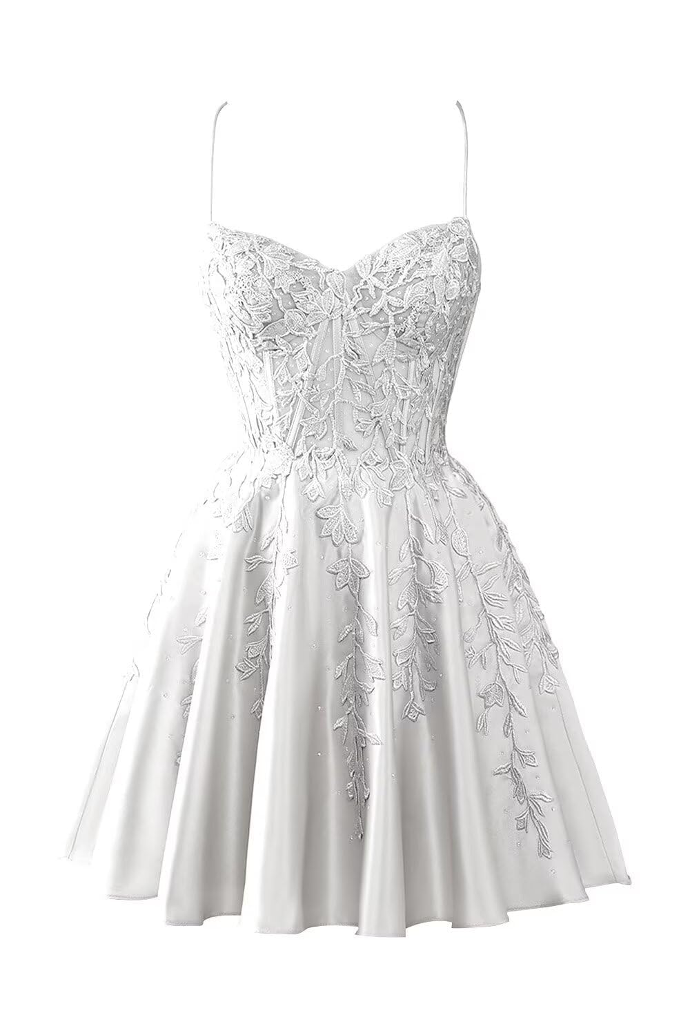 Aherkll Women's White Spaghetti Straps Bridesmaid Dresses For Juniors Lace Applique Evening Cocktail Party Maxi Gown Mini Length Ah168 Uk10