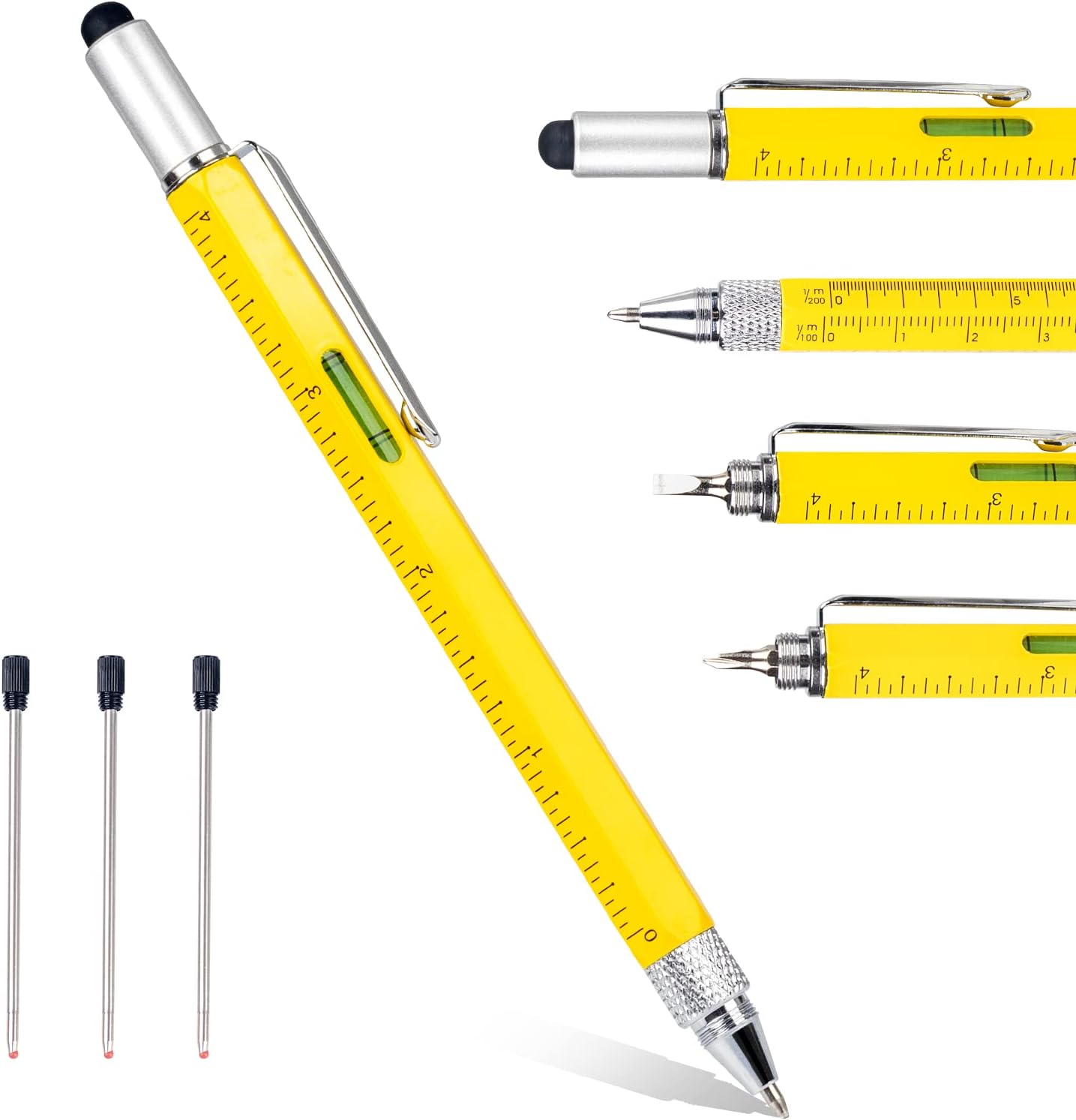GeekmanMultifunction Tool Pen, 6 in 1 Tool with Ballpoint Pen Gifts for Men, Stocking Stuffers Gifts for Men Dad, Best Tools Gifts for Engineer Woodworkers Carpenter Stylus, Ruler, Level, Screwdriver