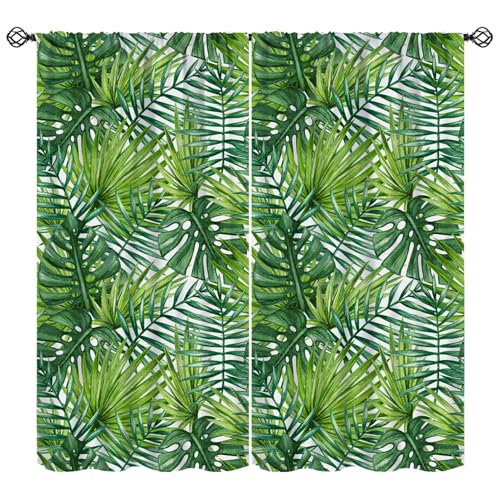 KANEPE Leaves Curtains, Watercolor Tropical Green Palm Leaves Print Blackout Window Treatments, Rod Pocket Thermal Insulated Drapes 2 Panels Set for Bedroom Living Room Kitchen, 55