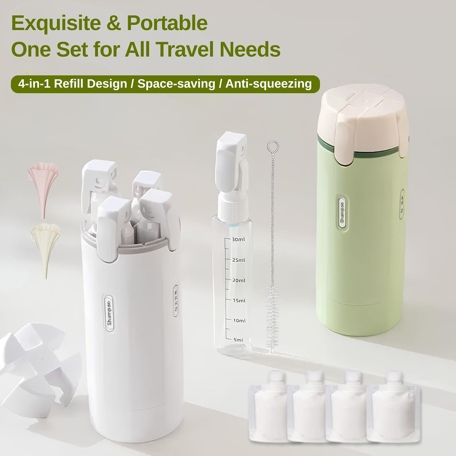 4 in 1 Travel Dispenser,Travel Shampoo and Conditioner Bottles,Refillable Leak Proof Containers Toiletries for Business Travel and Vacation 120ML (Green 1)