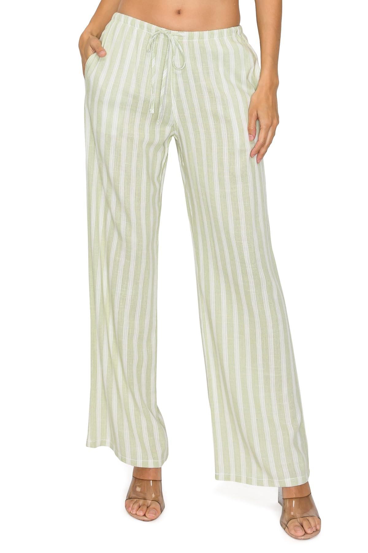 Cali1850 Womens Printed Linen Pants - 30 Inseam Drawstring Elastic Waist Casual Pull On Beach Lounge Trousers with