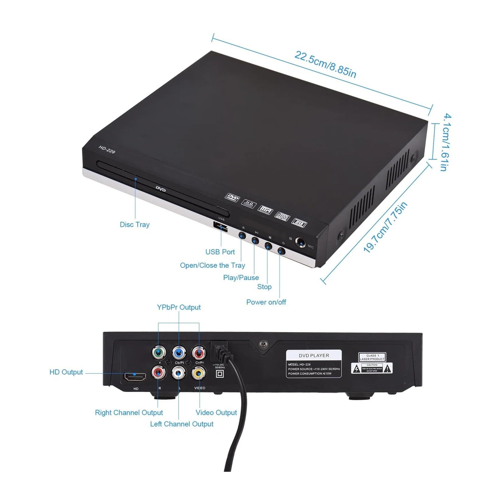 Lettore DVD Portatile, Lettore DVD domestico CD multimediale digitale Uscita AV HD con telecomando
