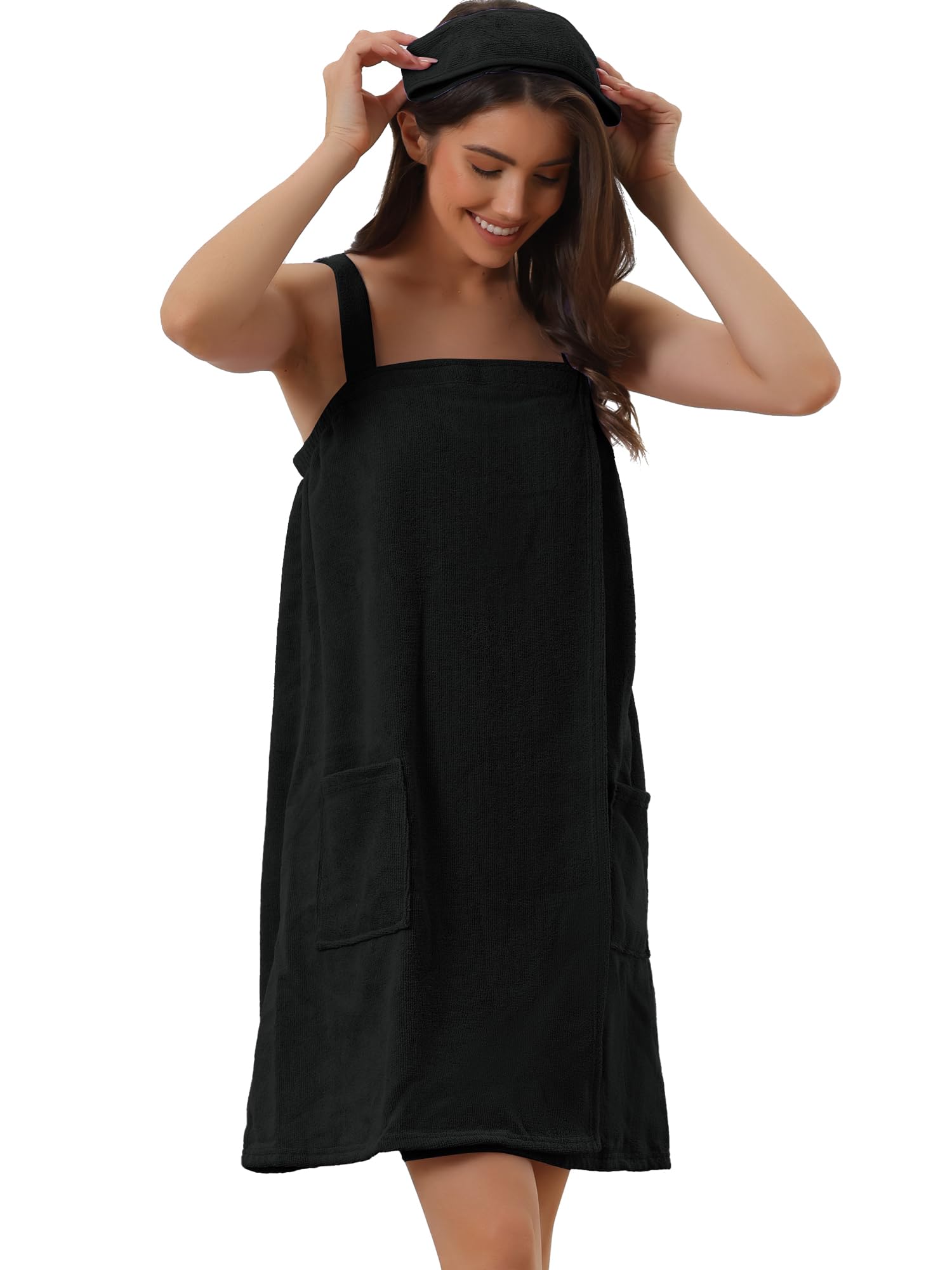 cheibear Womens Towel Dress Terry Wrap Bathrobe Spa Towelling Robe with Strap for Gym Shower Bath Black L