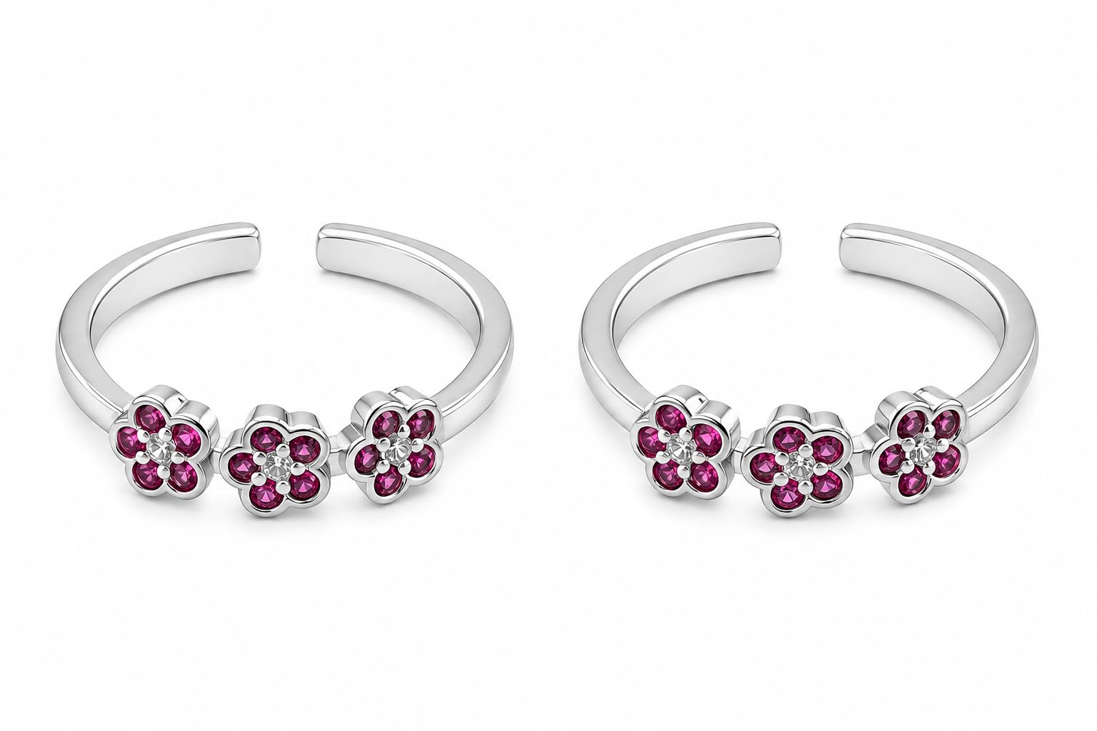 sahiba gems 925 Sterling Silver Designer Toe Rings for Women | Little Three Flower Ruby Zircon Cz Band Bichiya | Pair of 2 | Lightweight & Skin Friendly I Not Turn Black-picture-23