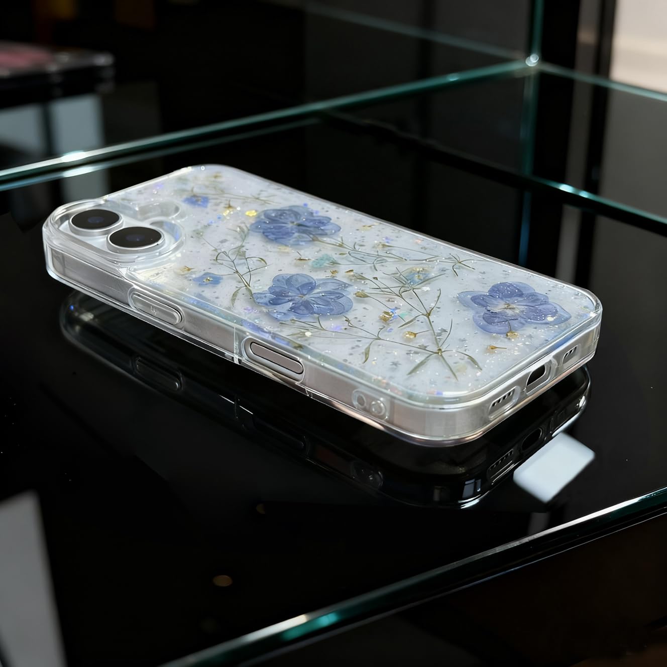 Funda Transparente para iPhone 16 Plus, diseño Floral con Flores Azules y violetas prensadas Reales, Bonito Brillo Brillante, Delgada, Suave, TPU, Transparente, para Mujeres y niñas