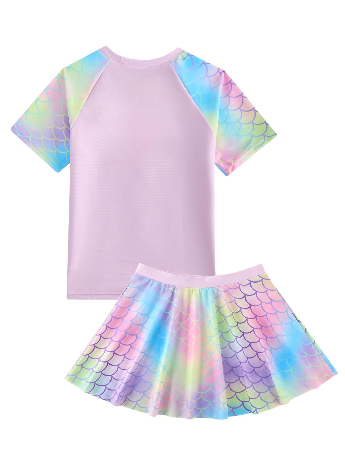 JiAmy Conjunto de traje de baño para niñas, camiseta de manga corta con pantalones cortos de natación con falda, degradado de escamas de peces, traje de baño de playa para niños de 3 a 8 años
